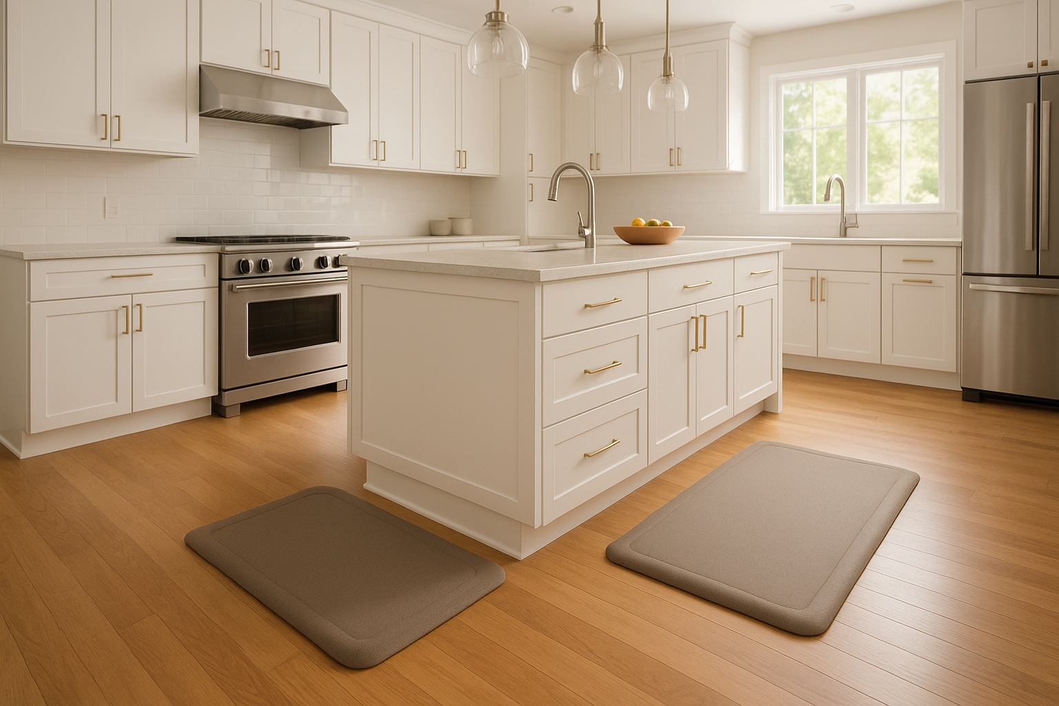 Luxury vinyl plank flooring in a modern kitchen setting with cushioned backing for comfort