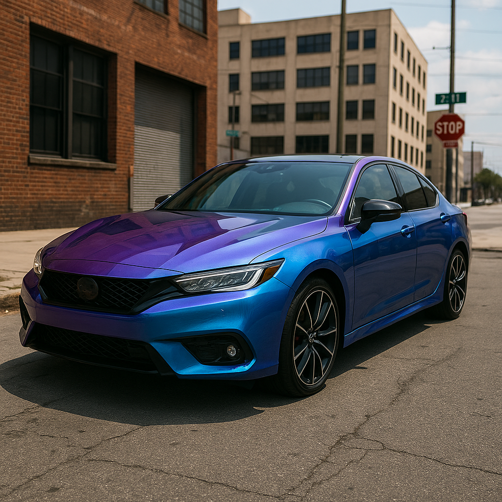 car with color-shifting purple to blue vinyl wrap - car vinyl wrap for sale near me