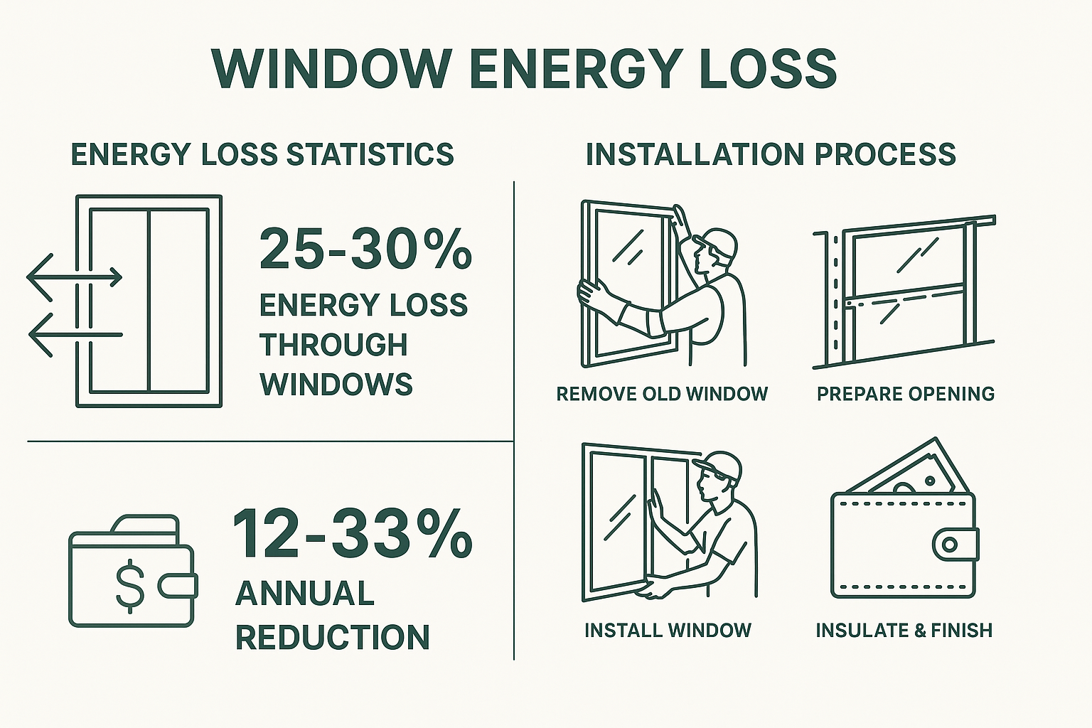 Detailed infographic showing window energy loss statistics, installation process steps, and potential savings from energy efficient windows installation - Energy efficient windows installation infographic