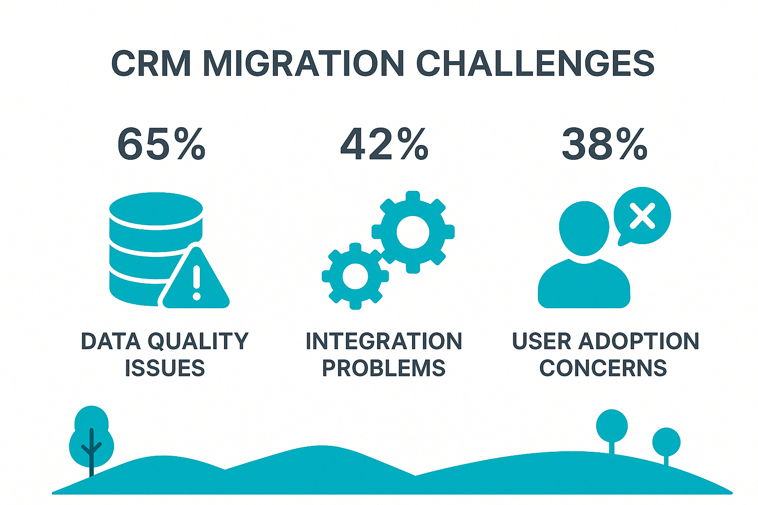 Statistics showing common CRM migration challenges and their frequency, including data quality issues (65%), integration problems (42%), and user adoption concerns (38%) - crm migration services infographic 