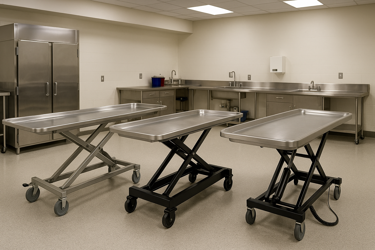 Various types of mortuary lift tables including manual, hydraulic, and electric models - mortuary lift table