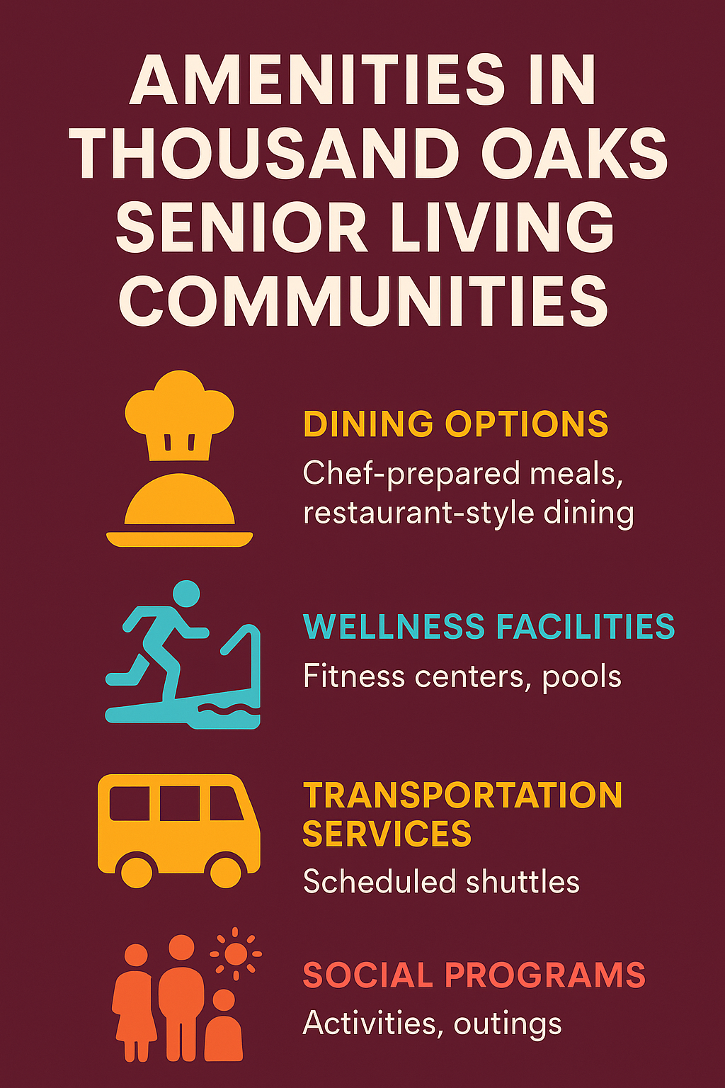 Comprehensive list of amenities commonly found in Thousand Oaks senior living communities, including dining options, wellness facilities, transportation services, and social programs - senior housing thousand oaks infographic 