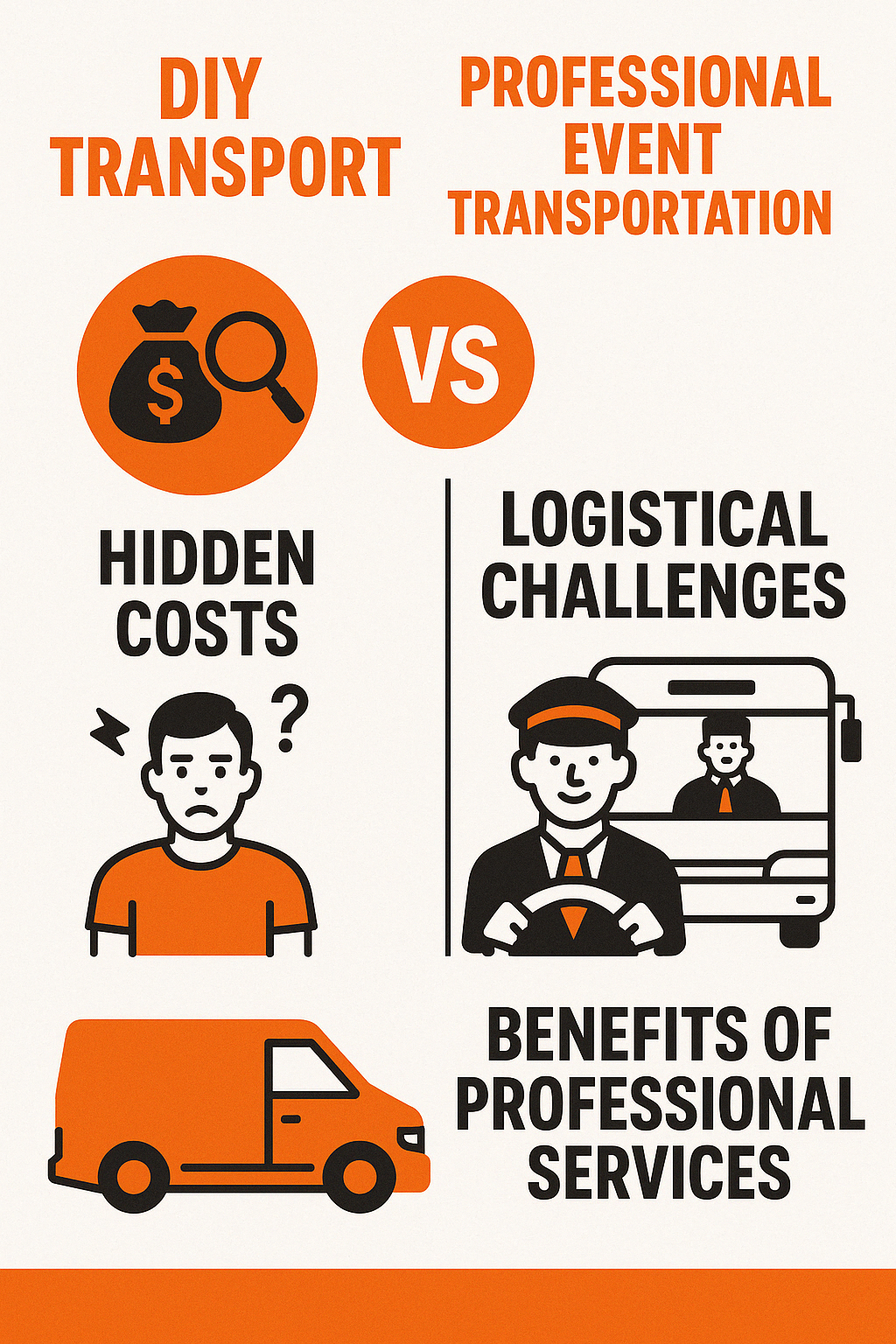 Comparison of DIY transport vs professional event transportation showing hidden costs, logistical challenges, and benefits of professional services - transportation for events infographic 