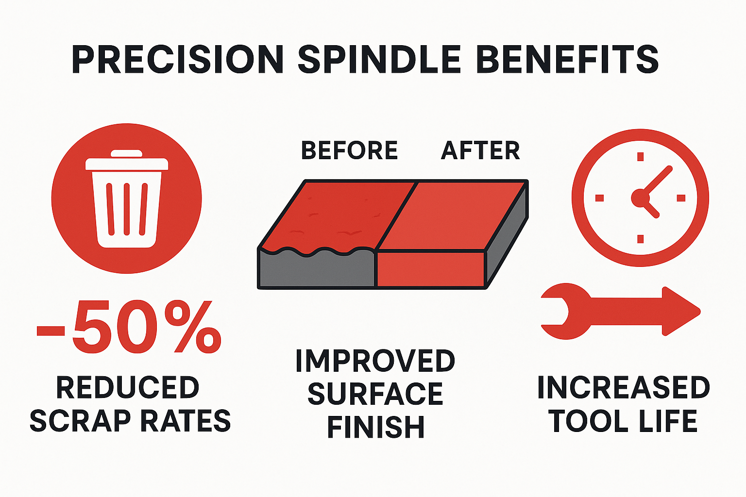 Statistics showing how precision spindles improve machining efficiency with data on reduced scrap rates, improved surface finish, and increased tool life - precision lathe spindle infographic