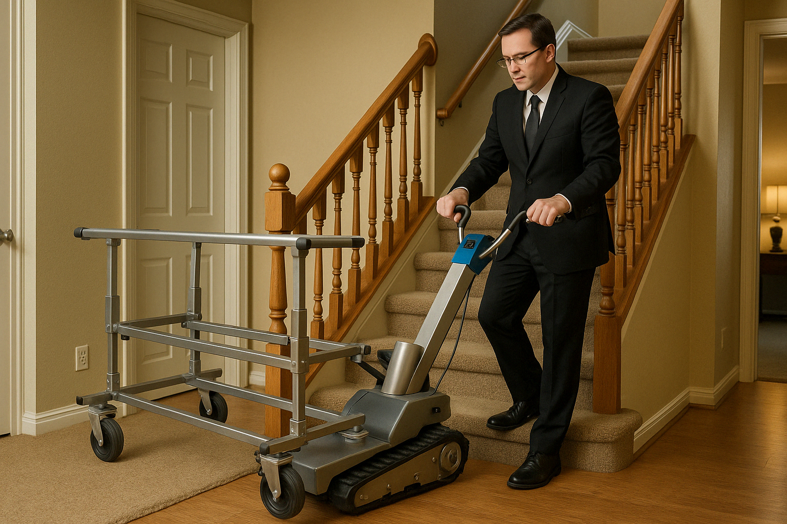 funeral professional using mortuary lift stepper in a narrow staircase - mortuary lift stepper