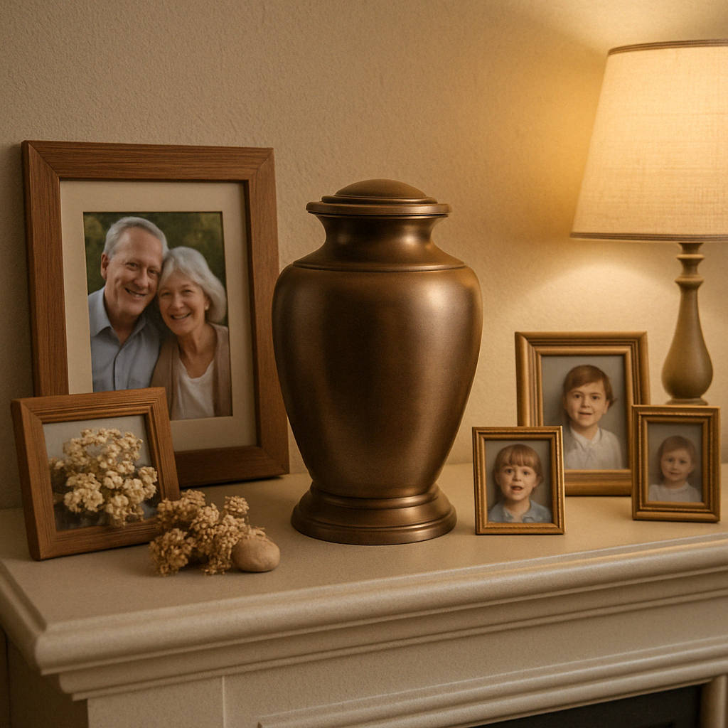 urn displayed in a home setting with photos and mementos - ashes in a urn