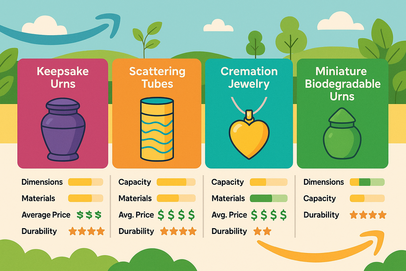 Comparison of small urn types showing dimensions, capacity, materials, average price, and durability ratings for keepsake urns, scattering tubes, cremation jewelry, and miniature biodegradable urns available on Amazon - small urns for human ashes amazon infographic 