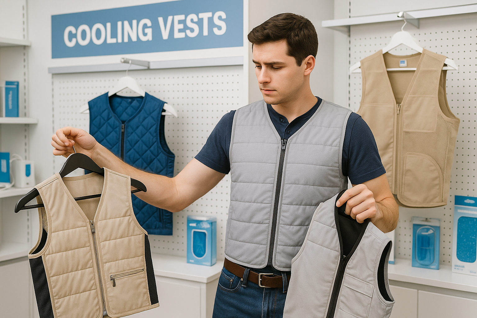 Person comparing different cooling vests and products - Body cooling systems