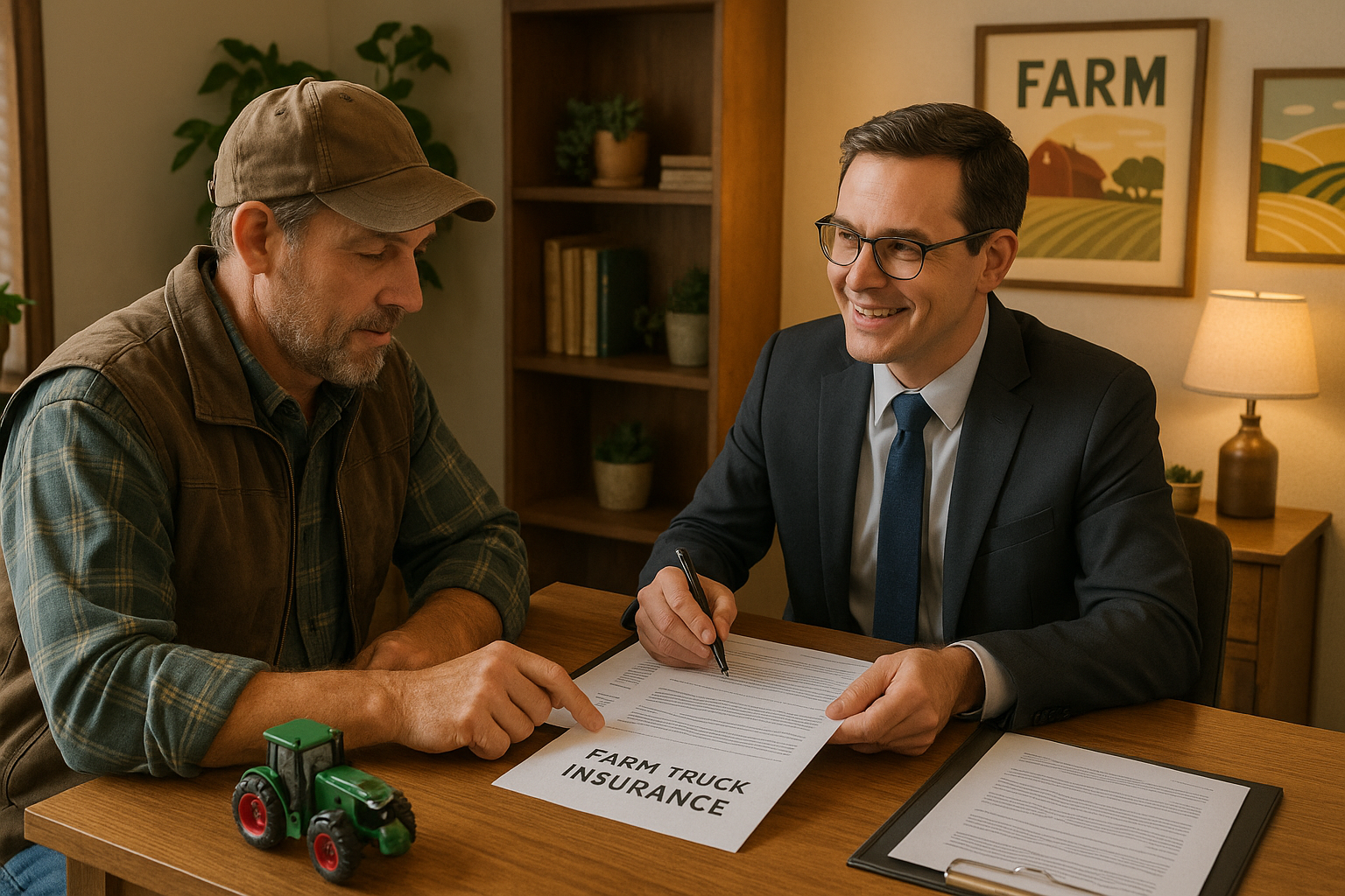 farmer discussing insurance with agent - do farm trucks need insurance