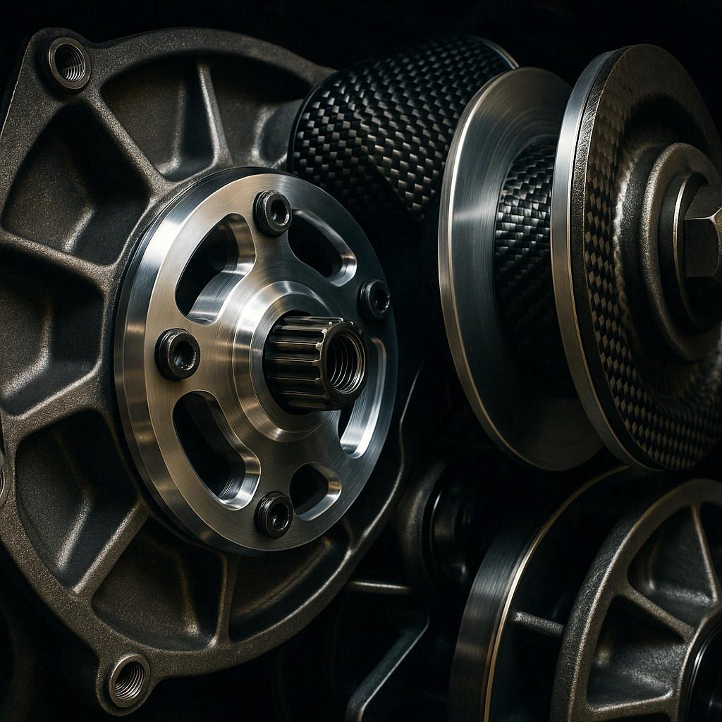 Close-up of high-quality clutch components showing billet aluminum, carbon fiber, and heat-resistant alloys - UTV clutch upgrades
