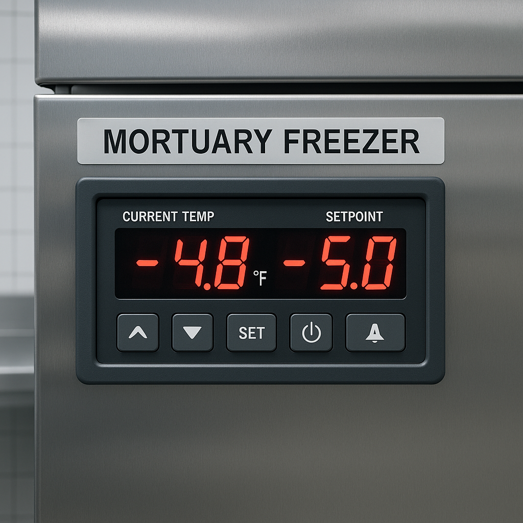Temperature control panel of a modern mortuary freezer showing digital display and settings - mortuary freezer near me