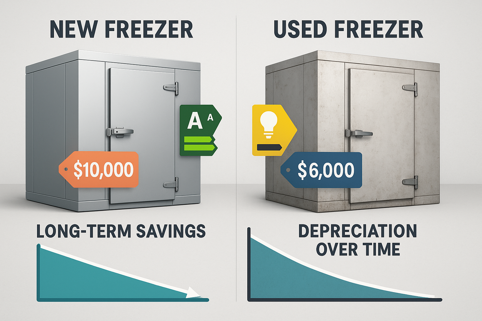 Comparison of new and used freezers highlighting cost differences and long-term savings - used walk in freezer for sale