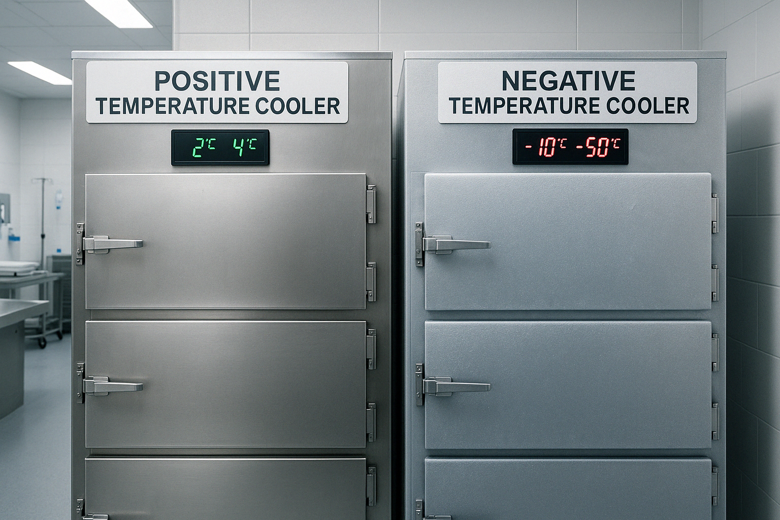 Positive and negative temperature morgue coolers side by side - morgue cooler temperature