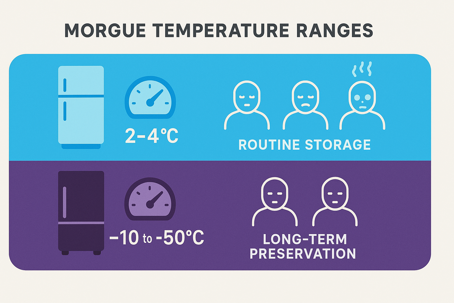 Infographic showing morgue temperature ranges with positive temperature refrigerators (2-4°C) for routine storage and negative temperature freezers (-10 to -50°C) for long-term preservation, including the effects of different temperatures on decomposition rates - morgue cooler temperature infographic 