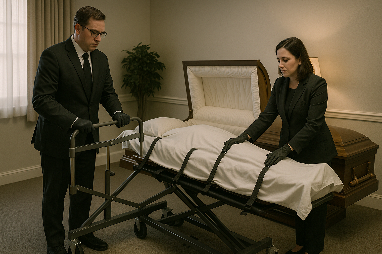 mortuary body lifter being used to transfer body into casket - body lifter mortuary