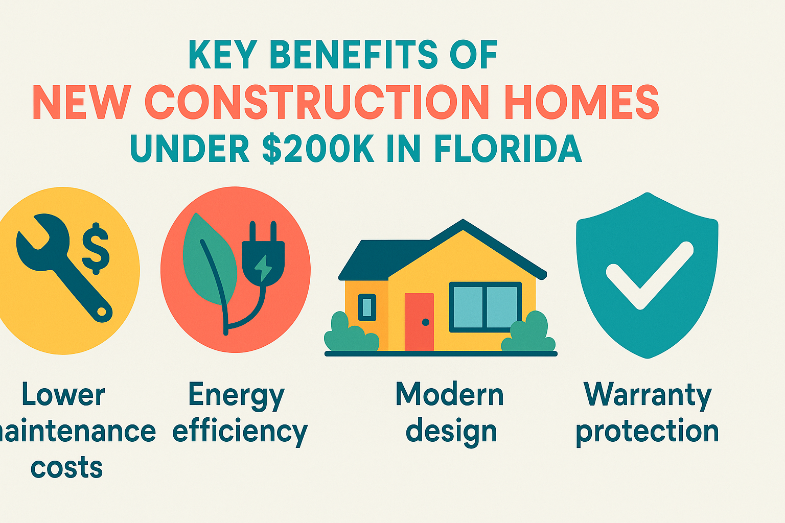Infographic summarizing benefits of new construction homes under $200K including lower maintenance costs, energy efficiency, modern design, and warranty protection - new construction homes in florida under $200 k infographic 