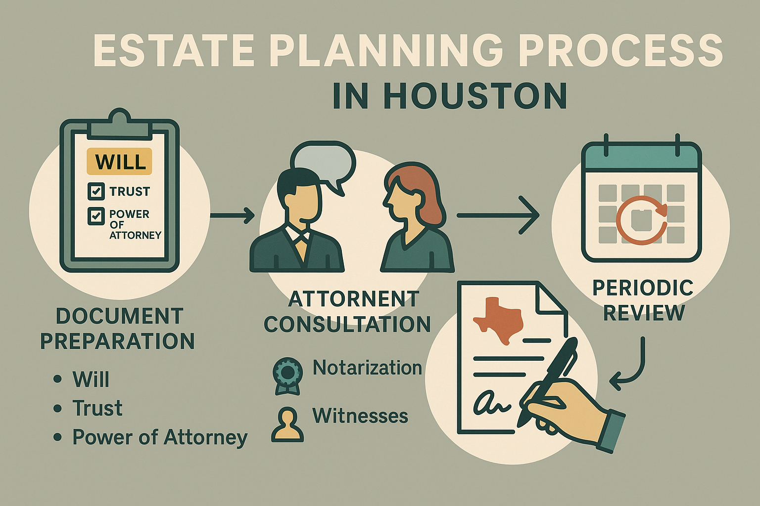 Comprehensive flowchart showing the estate planning process in Houston, including document preparation, attorney consultation, document execution, and periodic review steps, with Texas-specific legal requirements highlighted - Estate planning Houston infographic 