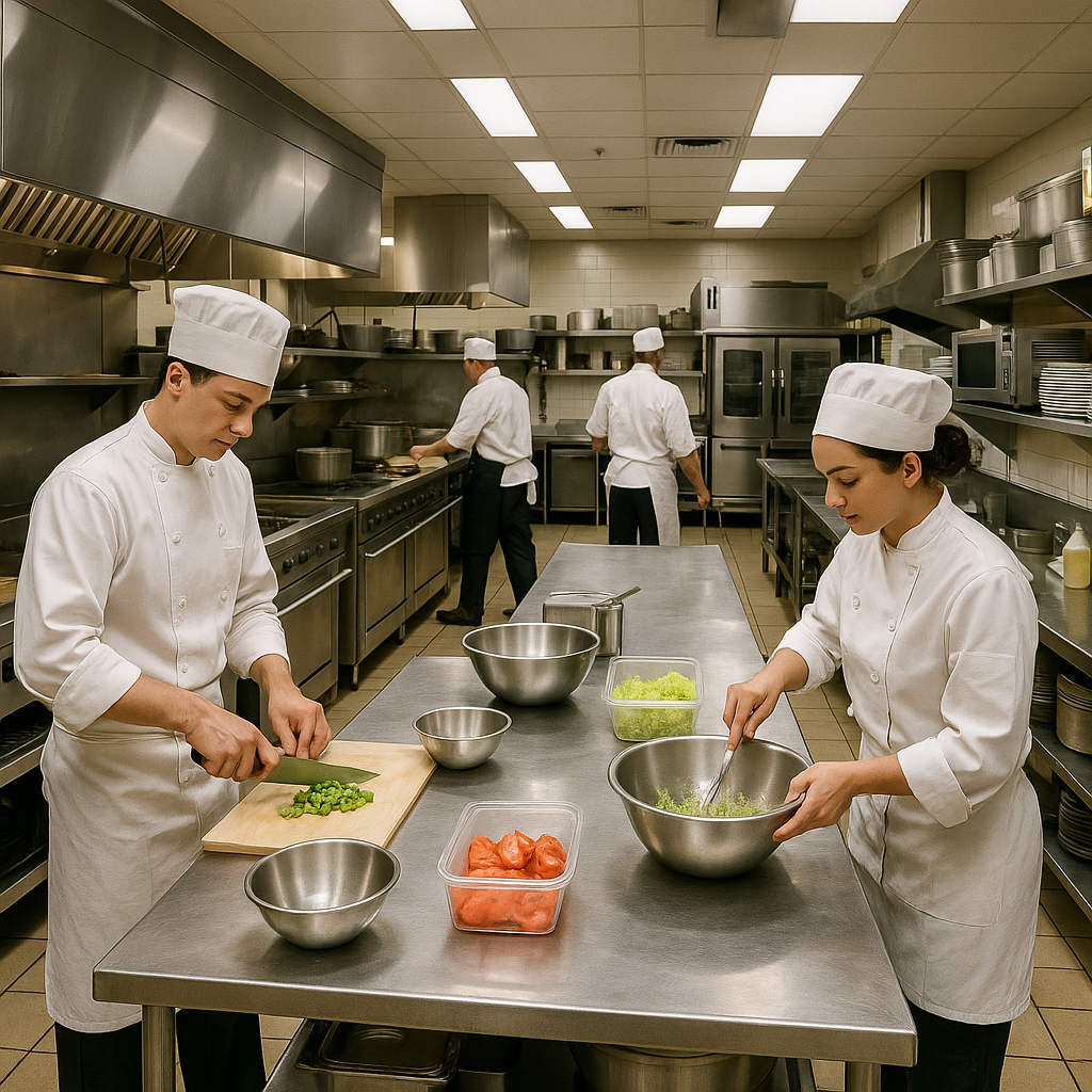 Commercial kitchen with multiple stainless steel prep tables - Stainless steel prep tables