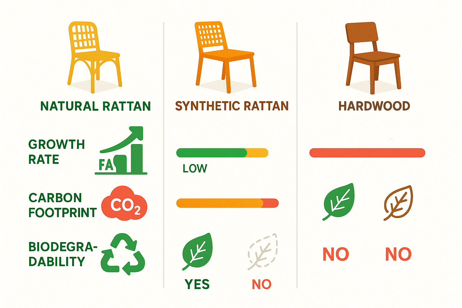 Comparison chart showing sustainability metrics between natural rattan, synthetic rattan, and hardwood furniture, highlighting growth rate, carbon footprint, biodegradability, and renewable resource status - balinese rattan furniture infographic 