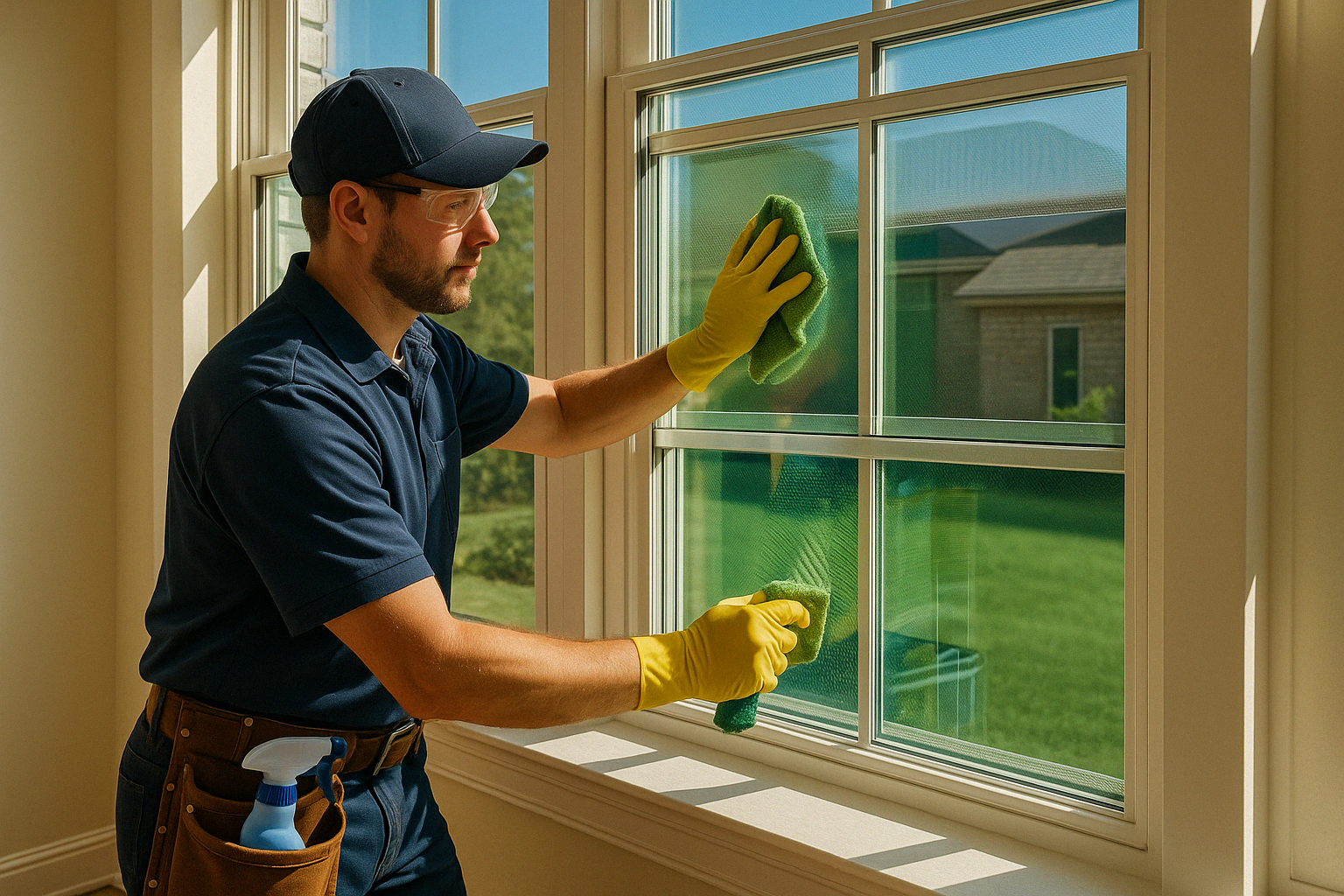 Maintenance worker cleaning and inspecting energy efficient windows - Energy efficient windows installation