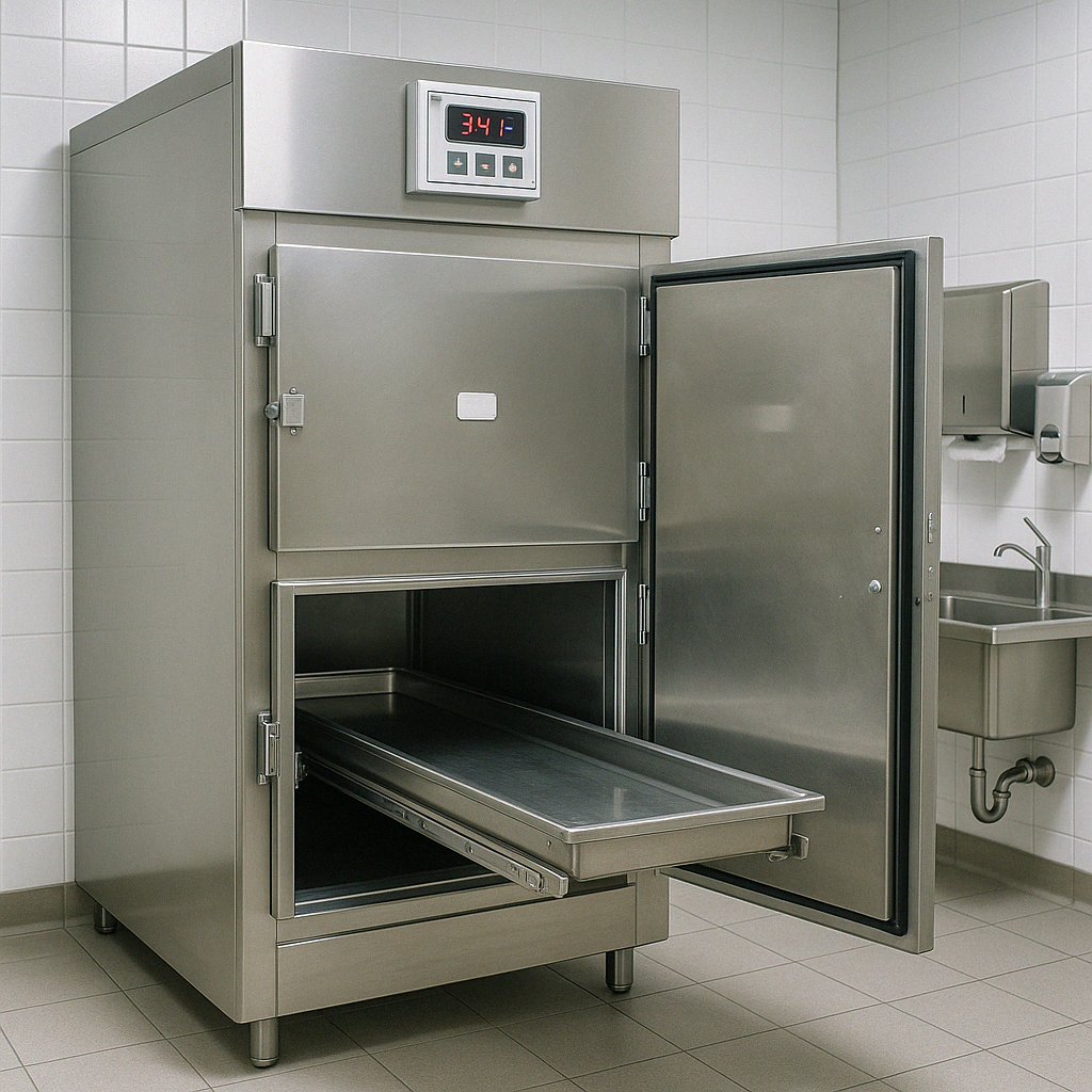 morgue freezer with temperature control panel and sanitary features - morgue freezer rental