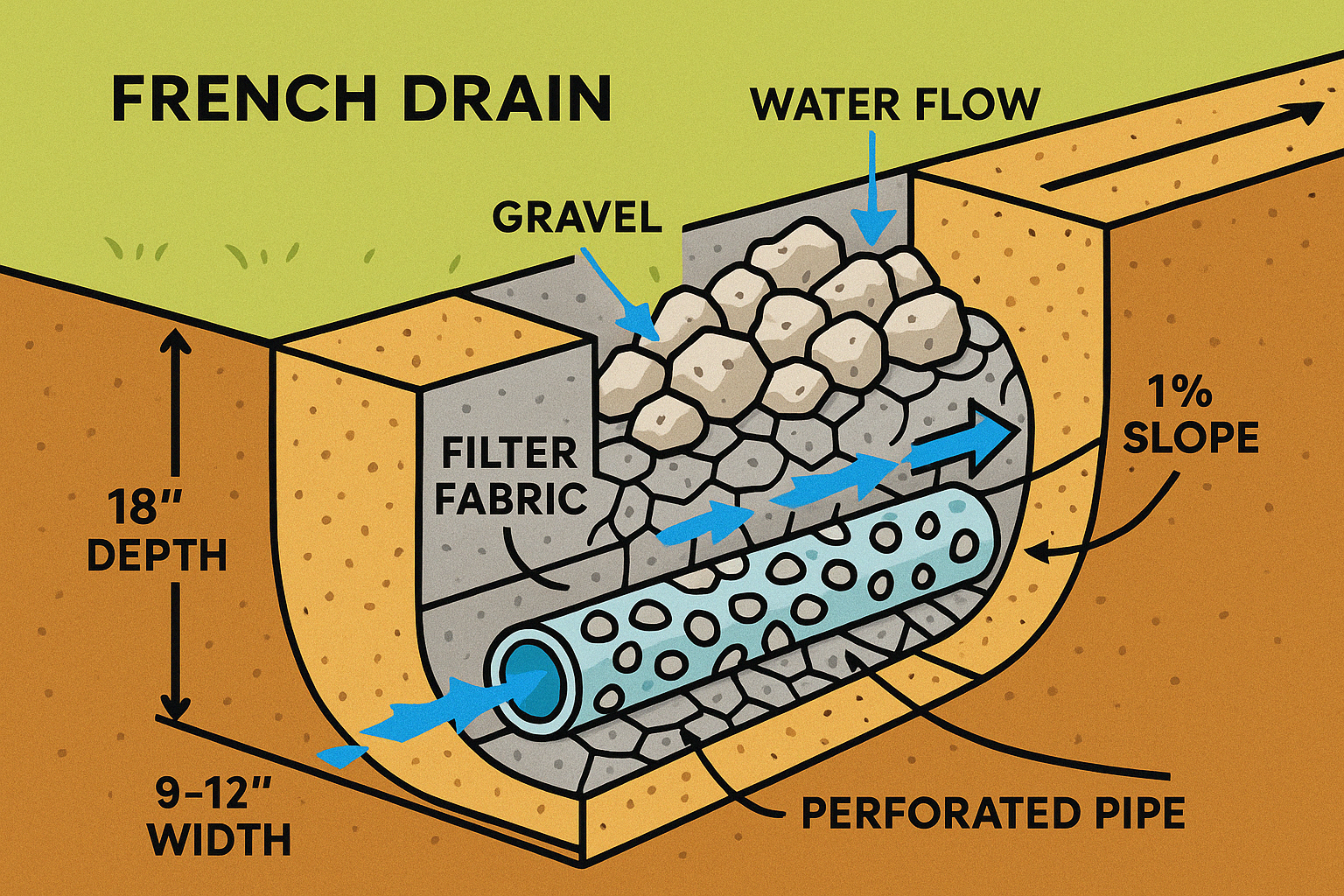 Diagram showing the components of a French gutter drain system including perforated pipe placement, gravel layers, filter fabric, and water flow direction, with labels indicating the 18-inch depth, 9-12 inch width, and 1% minimum slope requirements - french gutter drain infographic 