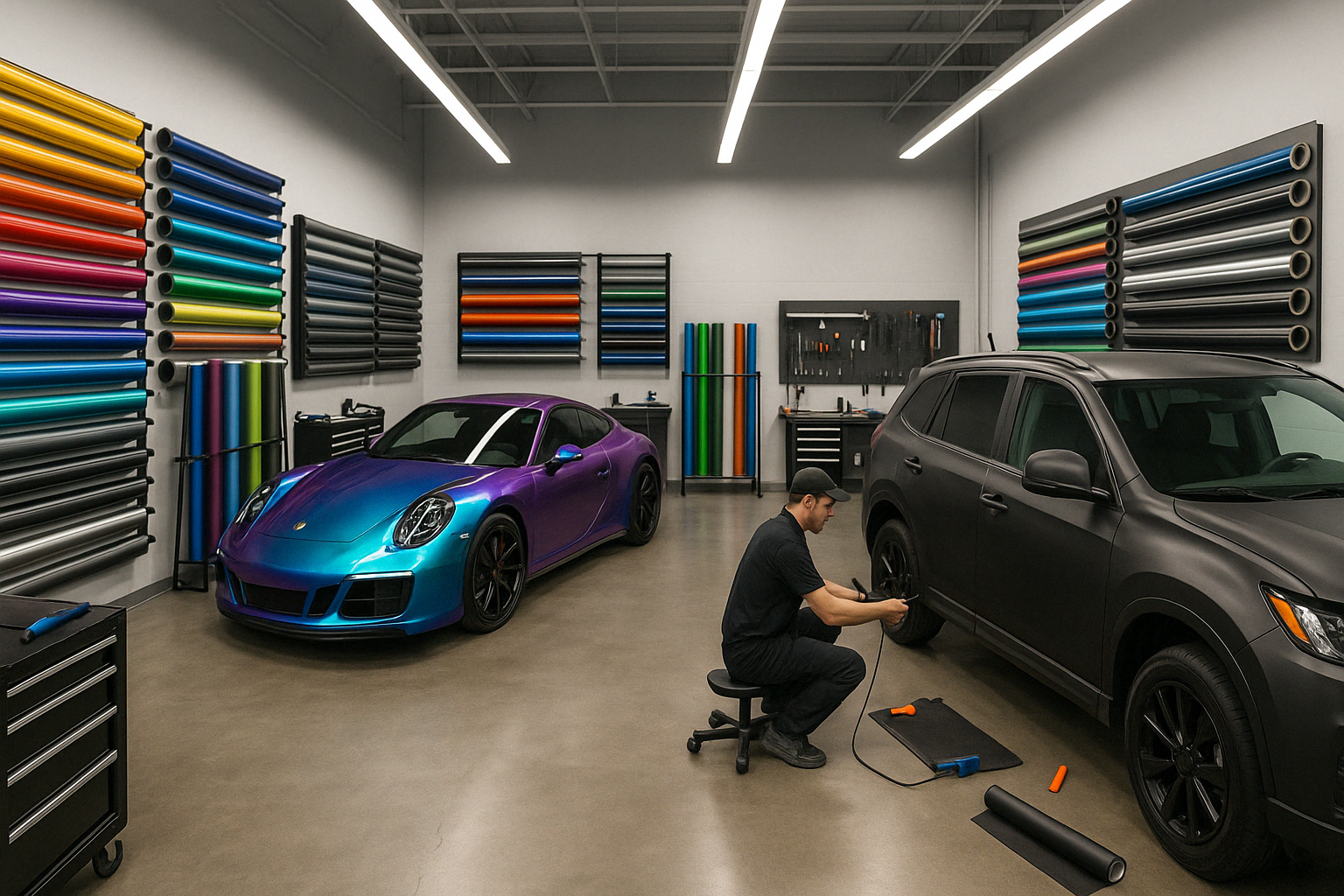 local vinyl wrap shop with various wrap samples and vehicles - car vinyl wrap for sale near me