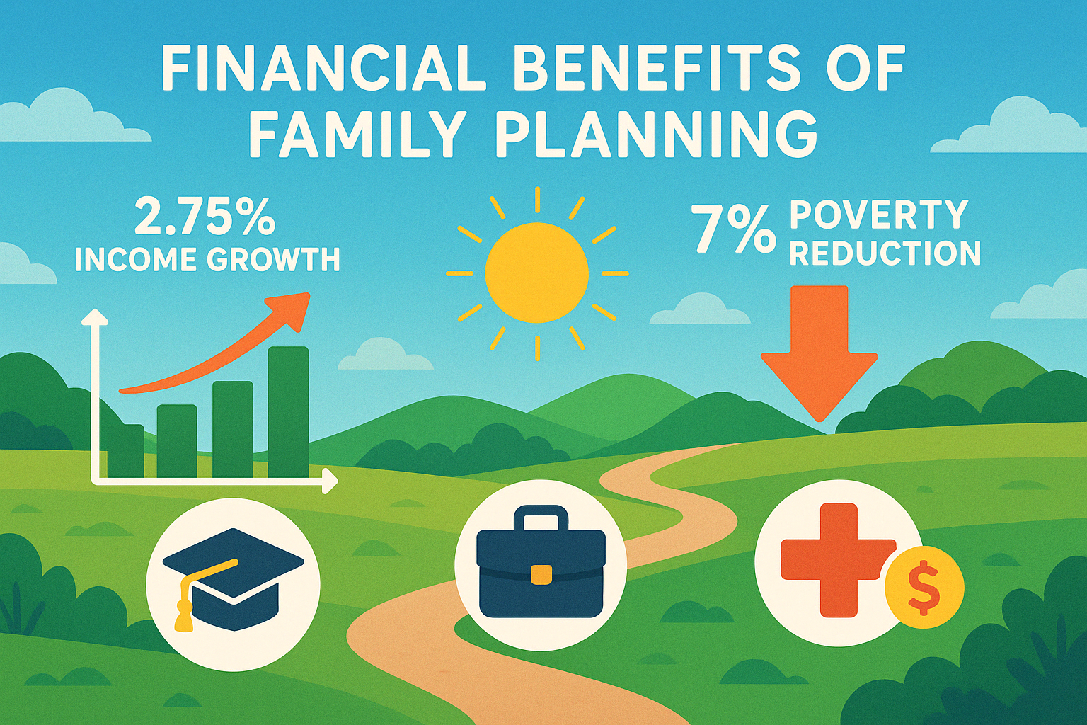 Comprehensive infographic showing how family planning contributes to financial stability through increased income, reduced poverty, higher education levels, improved career opportunities, and healthcare cost savings - positive effects of family planning in financial stability infographic