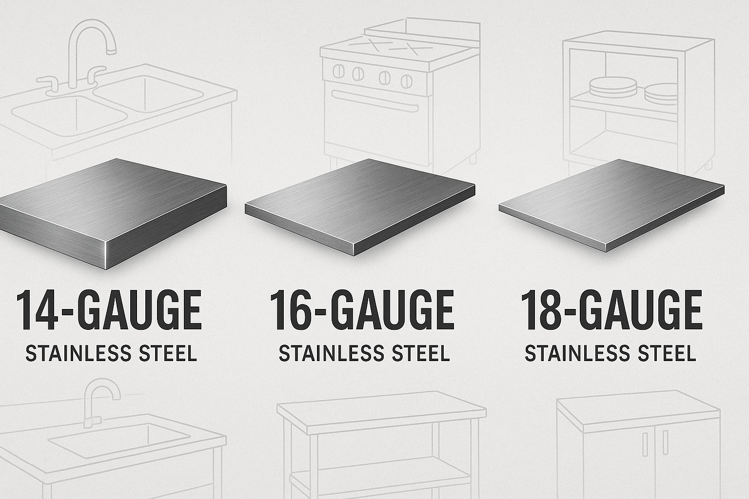 Comparison of stainless steel gauges showing thickness differences - Stainless steel prep tables