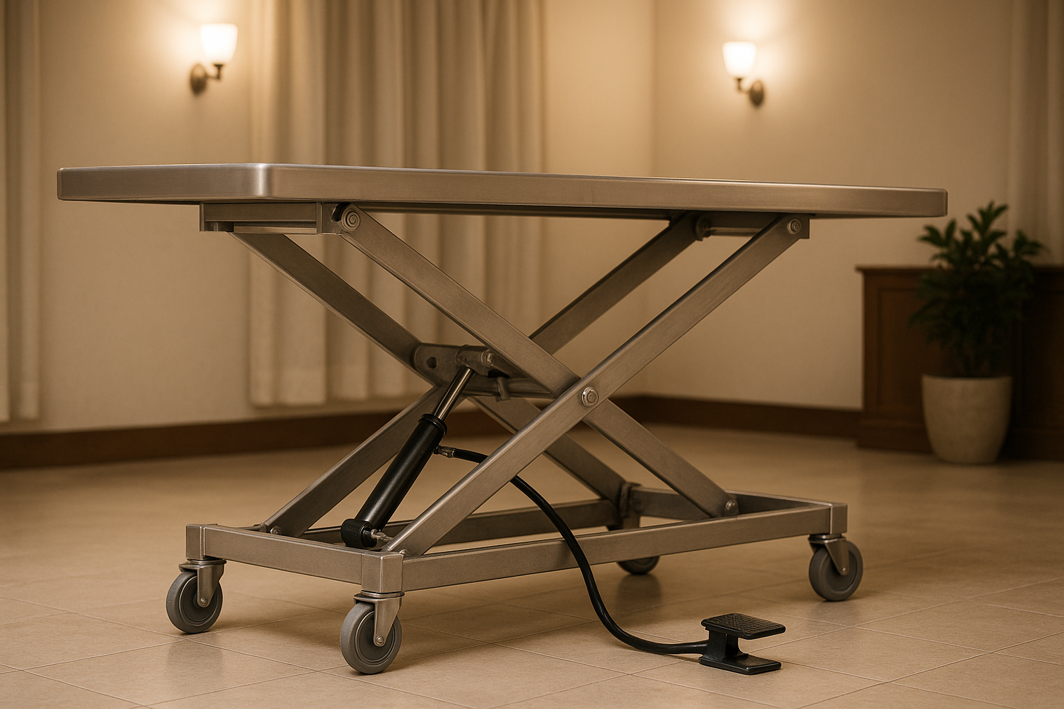 Manual mortuary lift table with foot pump operation - mortuary lift table