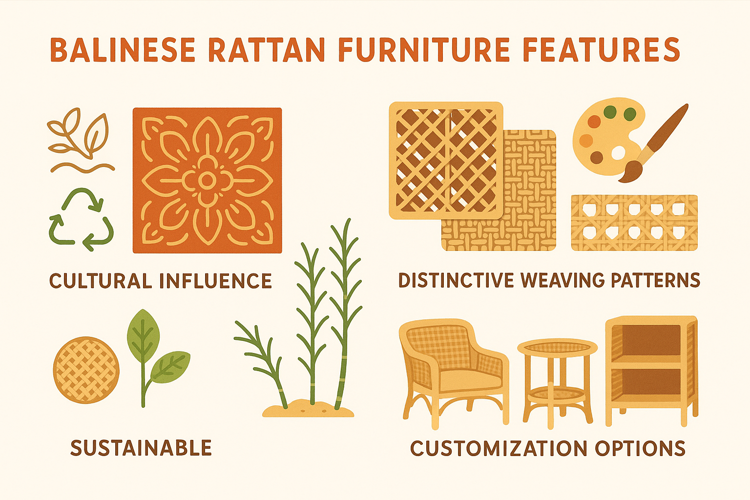 Comparison of Balinese Rattan Furniture Features showing cultural influence, materials used, sustainability factors, distinctive weaving patterns, and customization options in a visual format with icons and brief descriptions of each feature - balinese rattan furniture infographic 