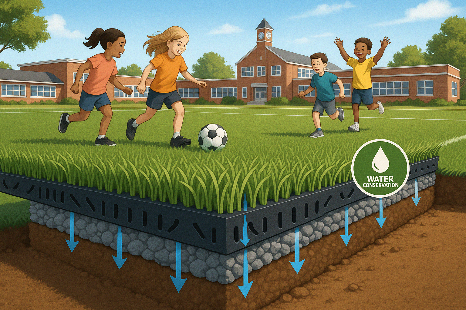 Eco-friendly synthetic grass installation showing drainage system and water conservation benefits - Synthetic grass for schools