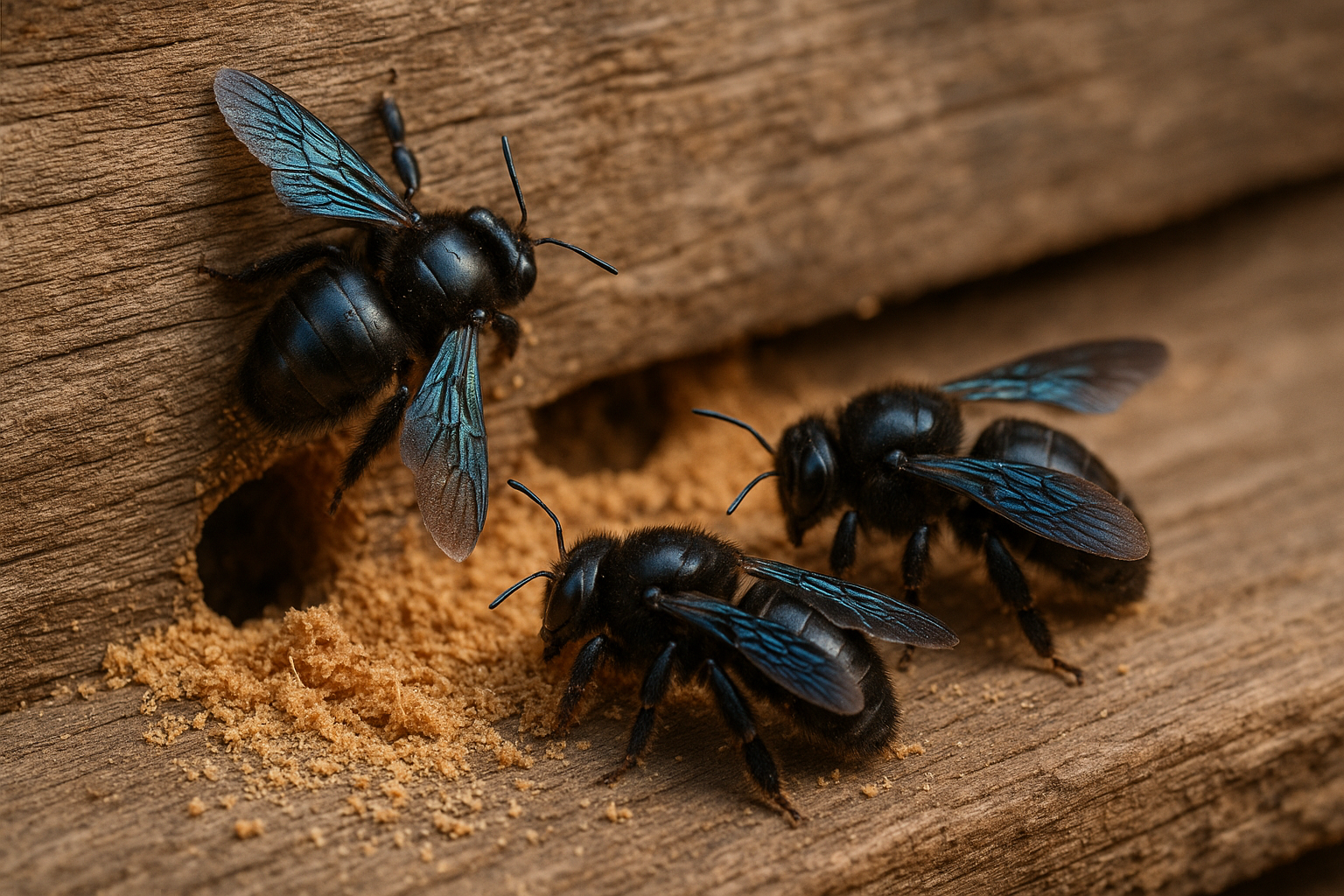 carpenter bees on wooden surface - home treatment for carpenter bees