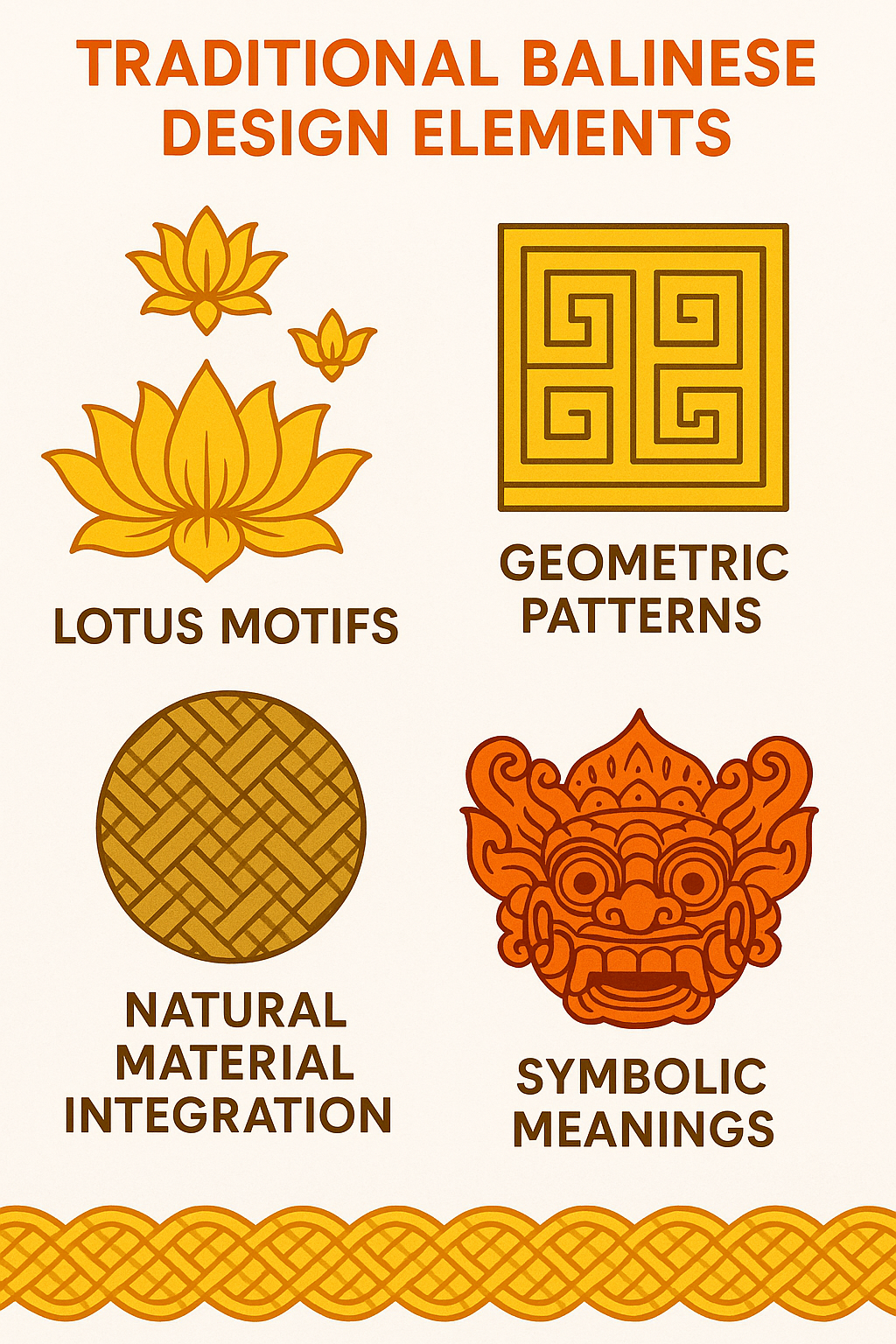 Detailed diagram showing traditional Balinese design elements including lotus motifs, geometric patterns, natural material integration, and symbolic meanings behind common design features - balinese rattan furniture infographic 