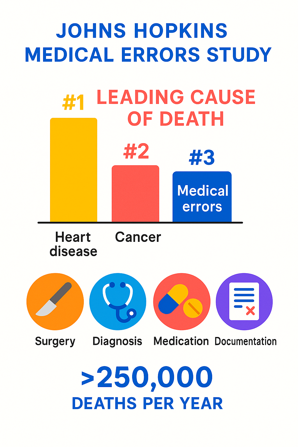Johns Hopkins medical errors study showing medical errors as third leading cause of death - medical malpractice lawyer miami infographic 