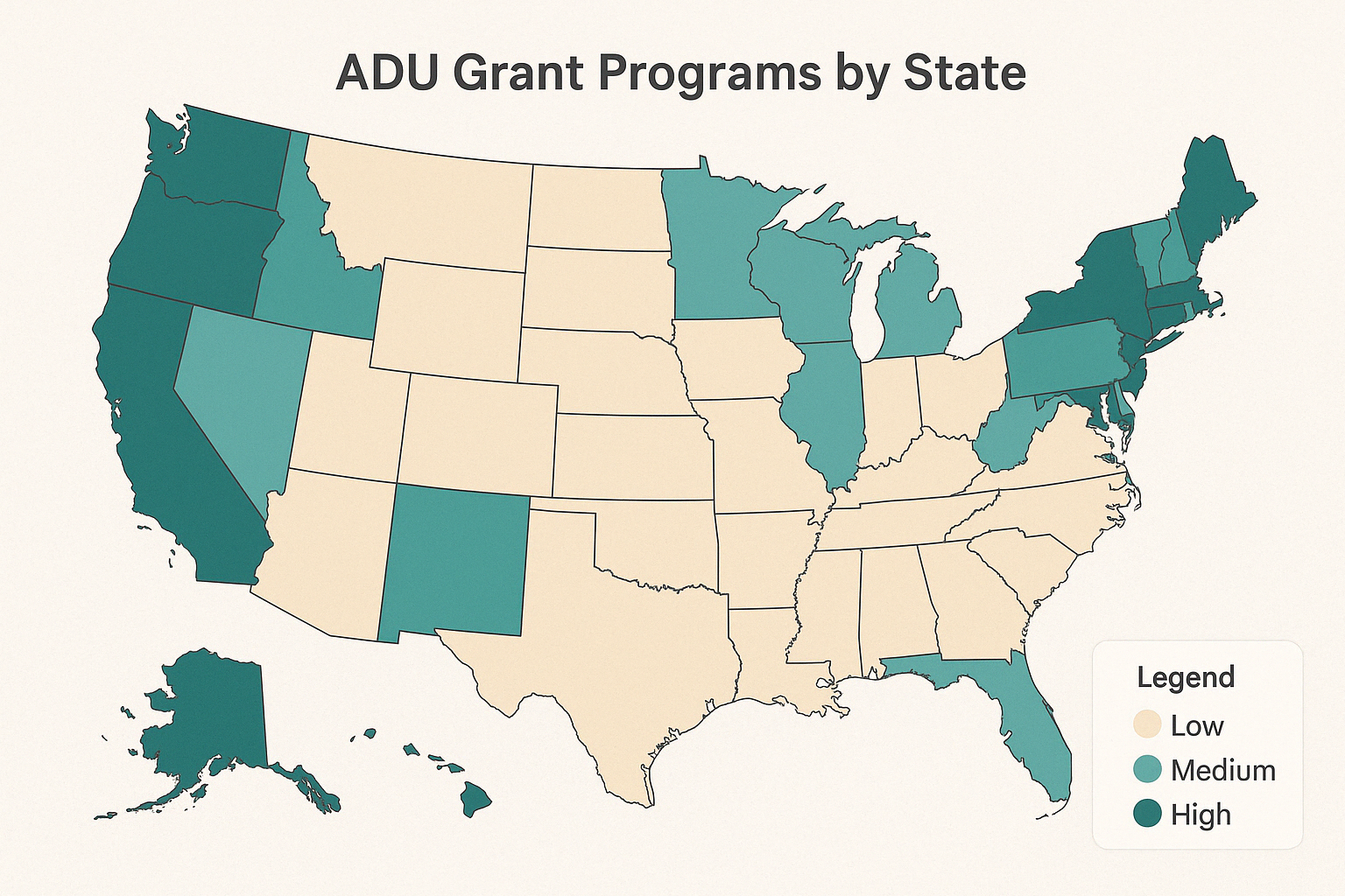 map of ADU grant programs across United States - ADU funding grants