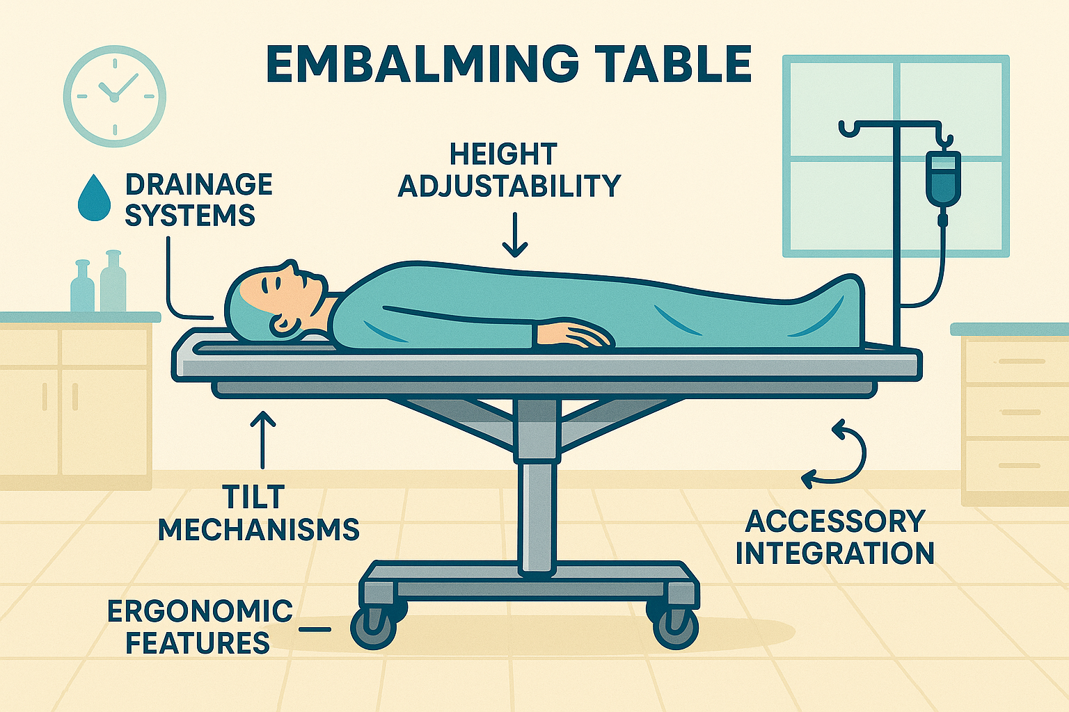 Embalming table with proper body positioning and coverage features - embalming table definition infographic 