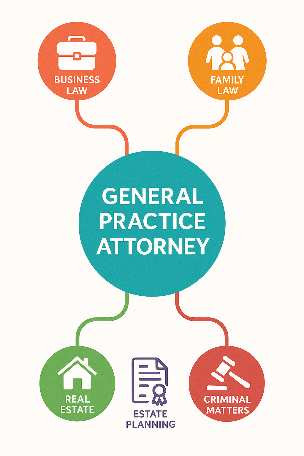 Comprehensive diagram showing the scope of general legal practice including business law, family law, estate planning, real estate, personal injury, and criminal matters, with a central hub representing the general practice attorney connecting to all areas - general legal practice infographic