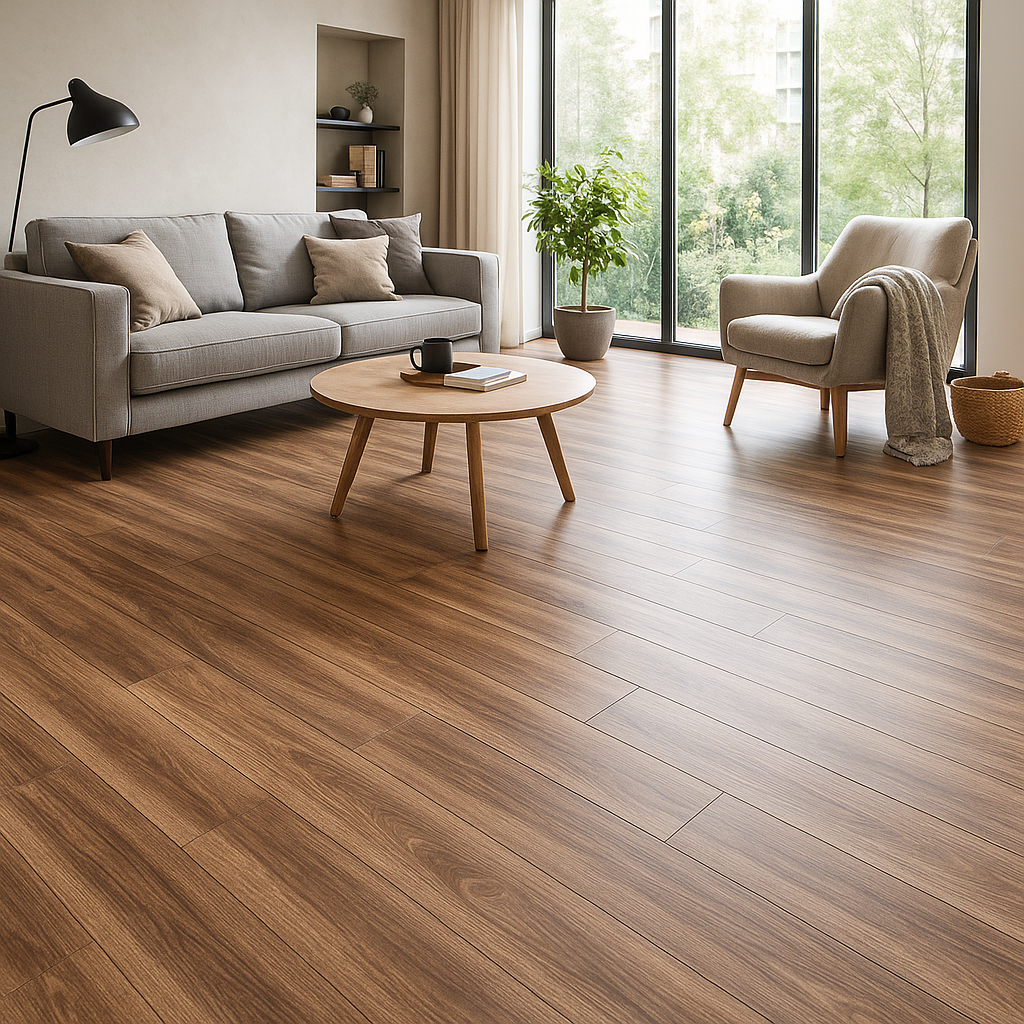 completed laminate flooring project in living room - Affordable laminate flooring installation