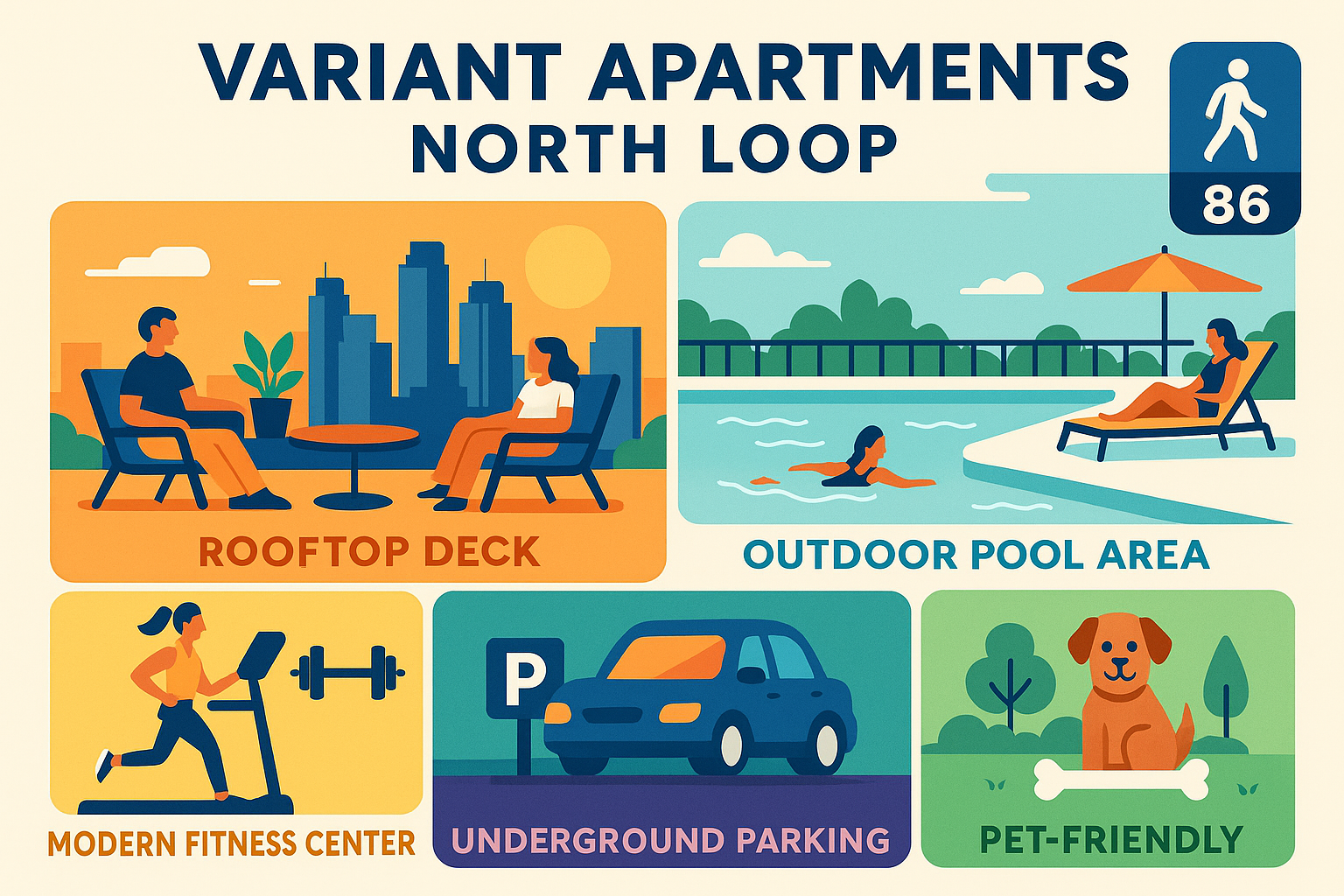 North Loop amenities infographic showing rooftop deck, pool, fitness center, pet facilities, and underground parking with walkability scores - variant apartments north loop infographic 