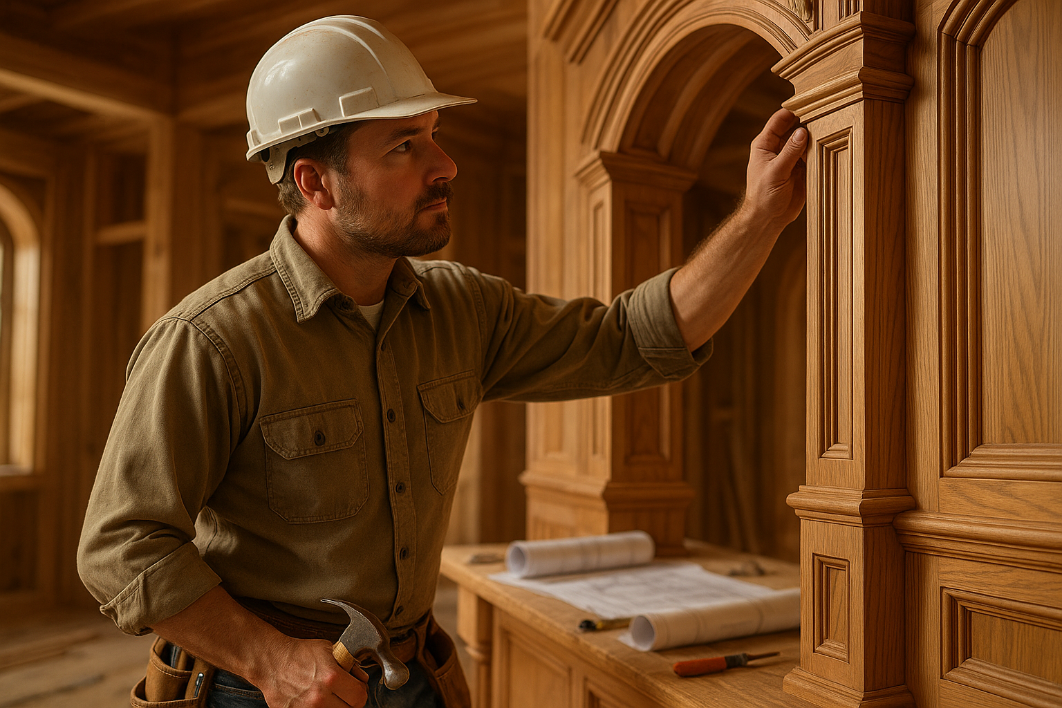 builder inspecting custom home detail work - Las Vegas custom home builders