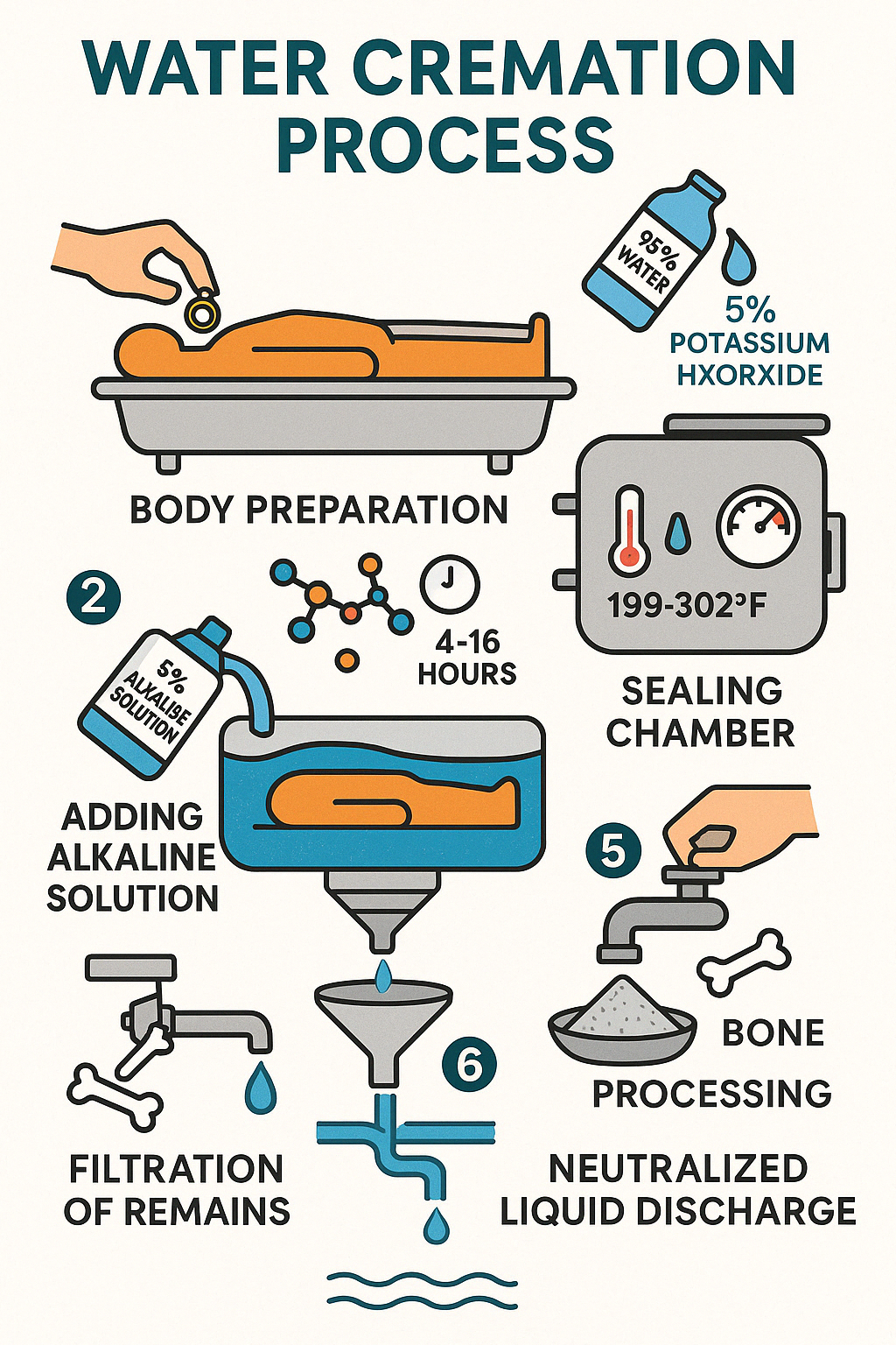 Step-by-step diagram of the water cremation process showing: 1) Preparation of the body, 2) Placement in chamber, 3) Addition of alkaline solution, 4) Heating and pressurization, 5) Breakdown of tissues, 6) Filtration and collection of remains, and 7) Processing of bone fragments into powder. Also shows temperature range, duration, and chemical reaction details. - how water cremation works infographic 