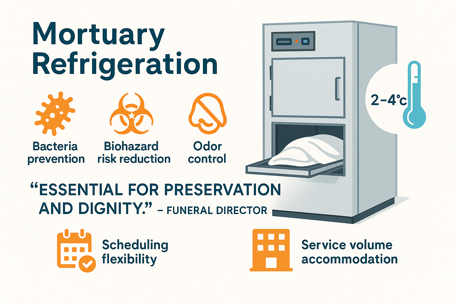 Quote from a funeral director: "Investing in quality mortuary refrigeration is not just about compliance or convenience—it's about honoring our commitment to treating the deceased with the utmost respect and care throughout their time in our facility." - Mortuary refrigerators for sale infographic 