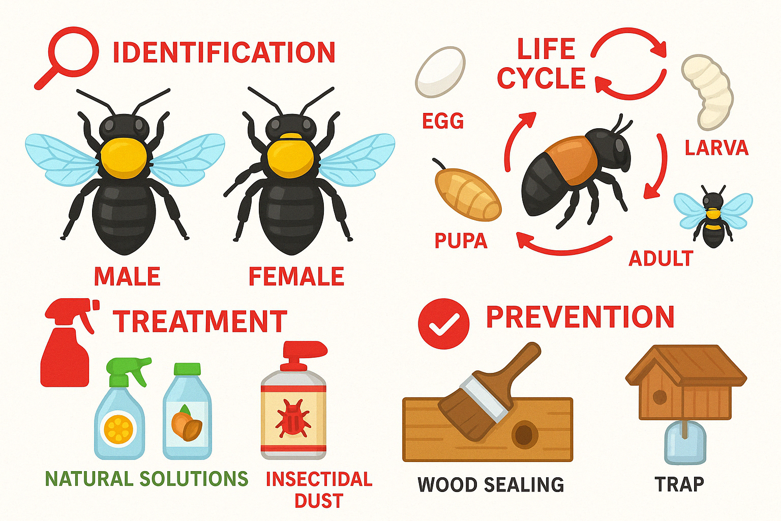 Comprehensive guide to carpenter bee identification, life cycle, and treatment options with natural and chemical solutions - home treatment for carpenter bees infographic