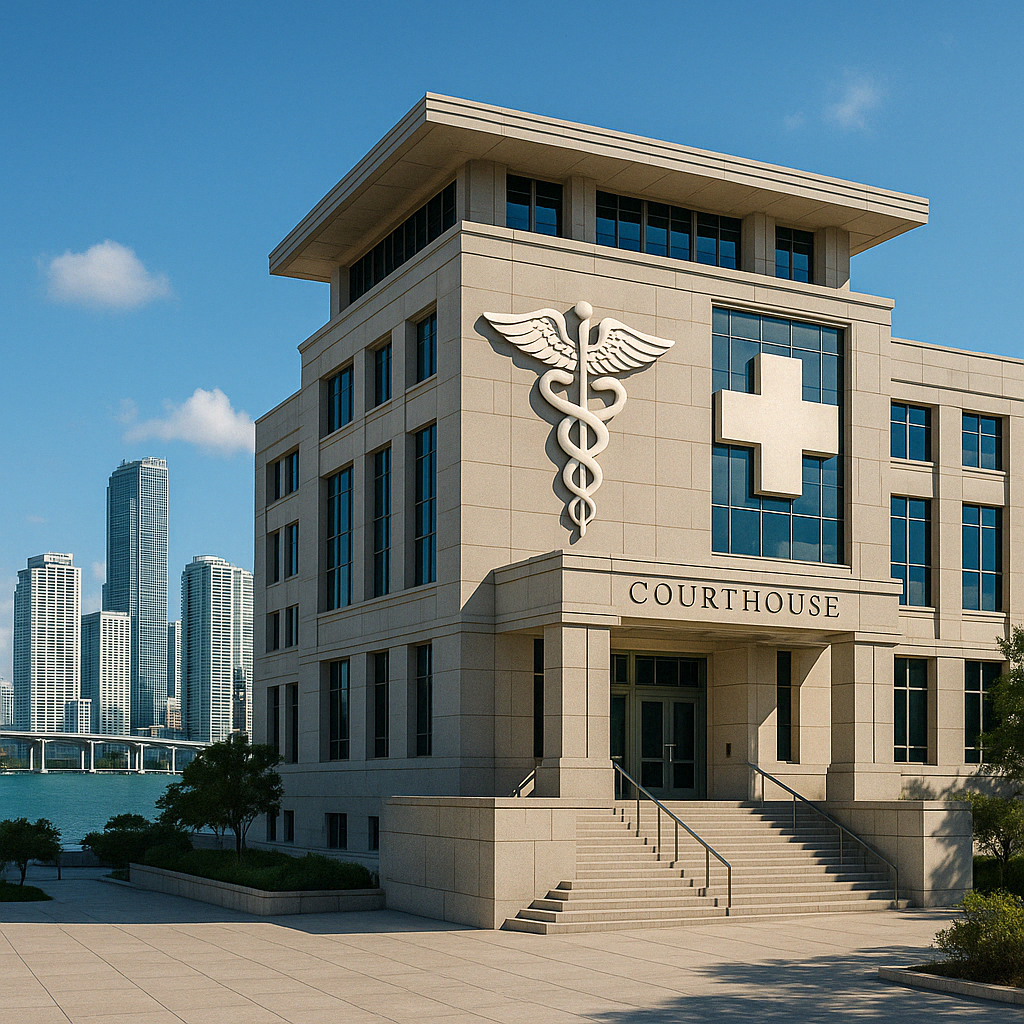 Miami courthouse with medical symbols - medical malpractice lawyer miami