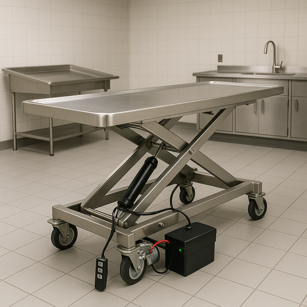 Electric mortuary lift table with battery power system - mortuary lift table