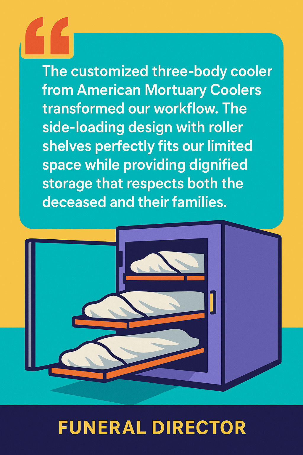 Quote from a Funeral Director: "The customized three-body cooler from American Mortuary Coolers transformed our workflow. The side-loading design with roller shelves perfectly fits our limited space while providing dignified storage that respects both the deceased and their families." - morgue freezer for sale infographic 