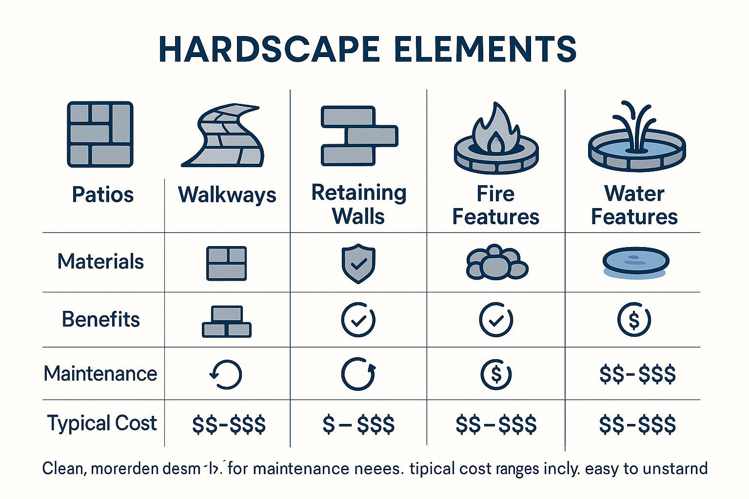 Comparison of hardscape elements showing patios, walkways, retaining walls, fire features and water features with their materials, benefits, maintenance needs and typical cost ranges - hardscape landscaping infographic