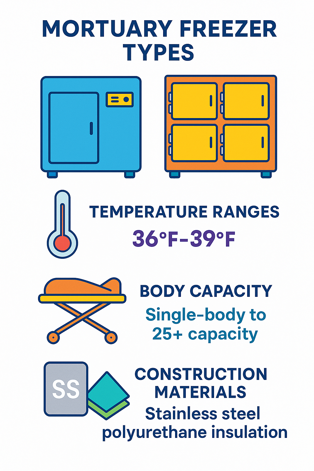 Mortuary freezer comparison showing temperature ranges, body capacity, and construction materials for different types of mortuary refrigeration units - mortuary freezer near me infographic 