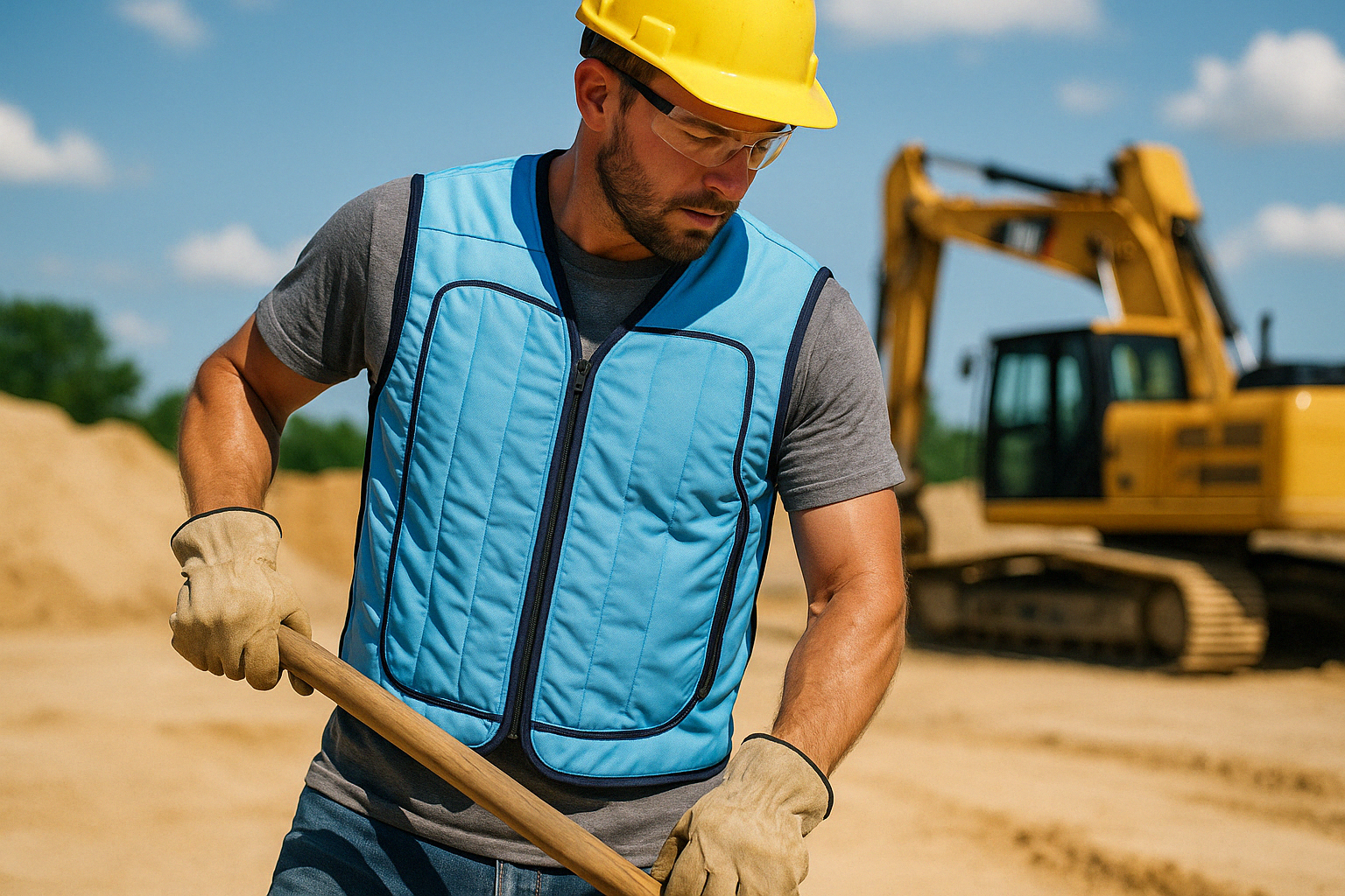Construction worker wearing a cooling vest while working outdoors in hot conditions - Body cooling systems